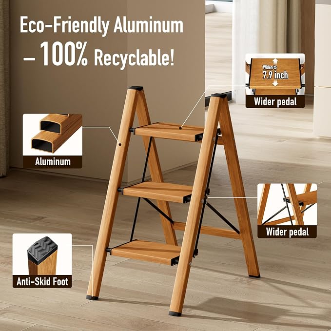 Mayi Plus 3 Step Stool Foldable, Aluminum, Lightweight Step Ladder | Extra-wide anti-slip folding steps with 330 lbs, for home,kitchen,office,outdoor,Woodgrain - Image 8
