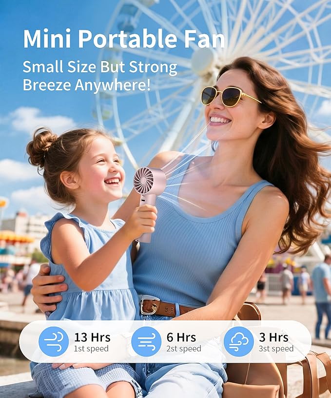 Mini Portable Fan, 3 Speed Handheld Fan with Desktop Base, USB Rechargeable [13H Max Cooling Time], Small Personal Hand Fan Travel Essentials for Women Girls Kids Lash Makeup, Pink - Image 2