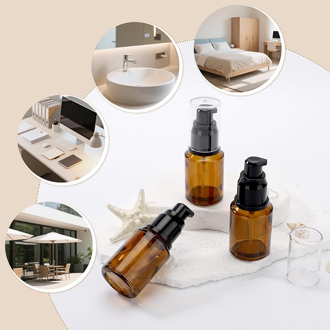 Segbeauty 1oz Frosted Empty Glass Pump Bottle Dispensers, 3 Pack 30ml Travel Size Pump Bottles, Reusable Lotion Container Foundation Bottle for Travel, Refillable Cosmetic Containers for Women Amber - Image 6