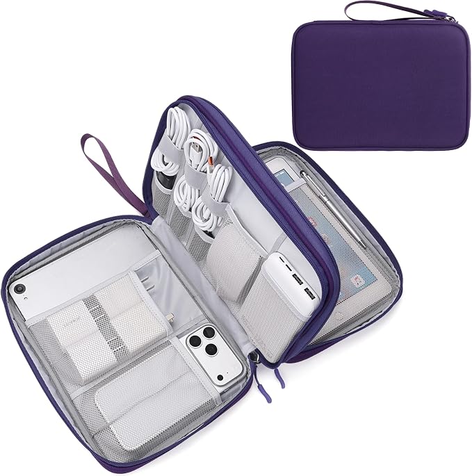 FYY Electronic Organizer, Travel Tech Pouch Bag, Extra Large, Purple | Wrist Strap, Waterproof, Double Layers Electronics Travel Case for iPad, Cord, Laptop Charger, Daily and Business Trips Use by FYY