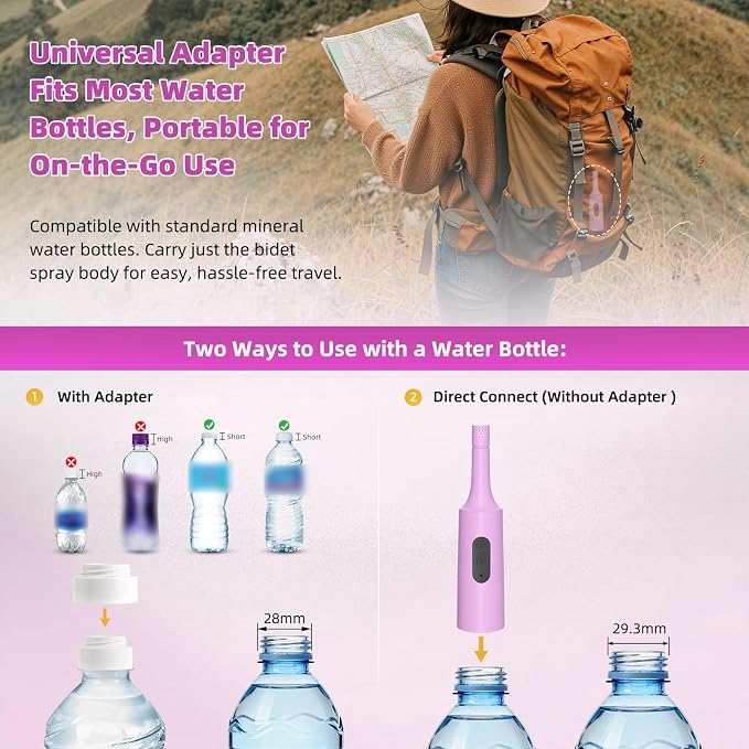 Hibbent Portable Bidet for Travel, High Pressure Electric Handheld Bidet Sprayer, 350-550ML Expandable Bottle for Personal Hygiene, USB-C Rechargeable Waterproof, Travel Sprayer for Women & Men, Pink - Image 6