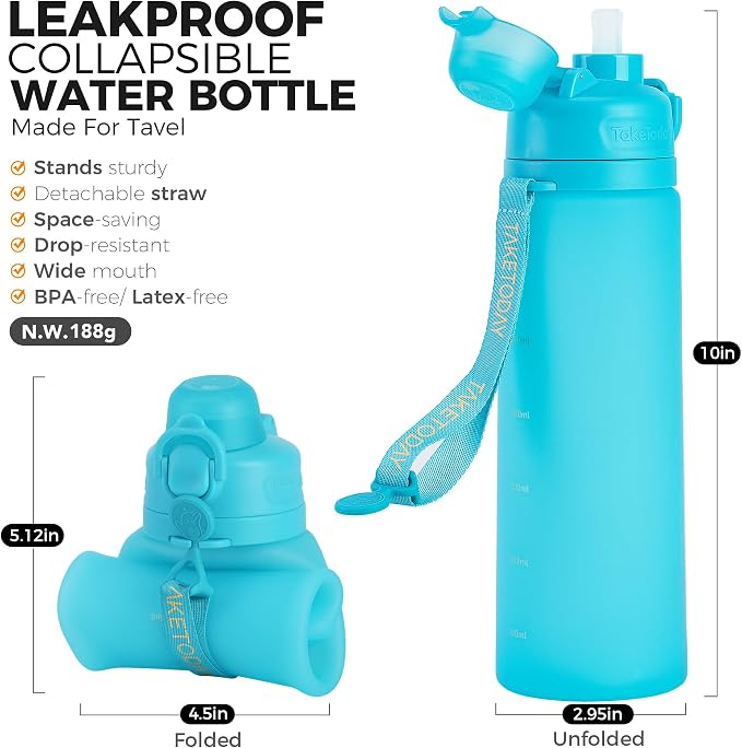 TakeToday Collapsible Water Bottles 21oz (600mL), Foldable Platinum Silicone Travel Water Bottle with Straw & Carry Strap, Leak-Resistant Screw Lid, Wide Mouth, BPA-Free for Hiking, Camping, Travel - Image 2
