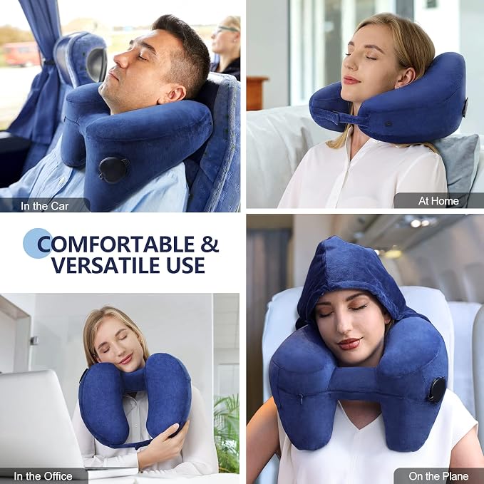 Sunany Travel Neck Pillow for Airplane Pillow Comfortably Supports Head, Neck and Chin, Inflatable Travel Pillow with Soft Velour Cover and Portable Drawstring Bag (Dark Blue, H-Shape) - Image 2