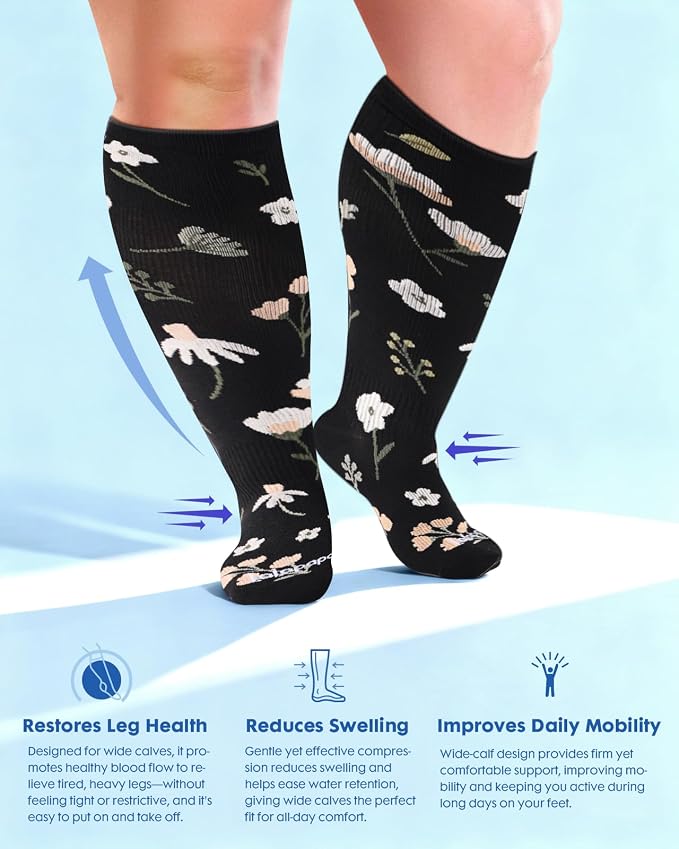 3-Pair Wide Calf Compression Socks for Women | 20-30mmHg Graduated Support, Easy On & Off, Knee High Length, Ankle Support, Travel Nurse Daily Wear, Cute Patterned - Image 6