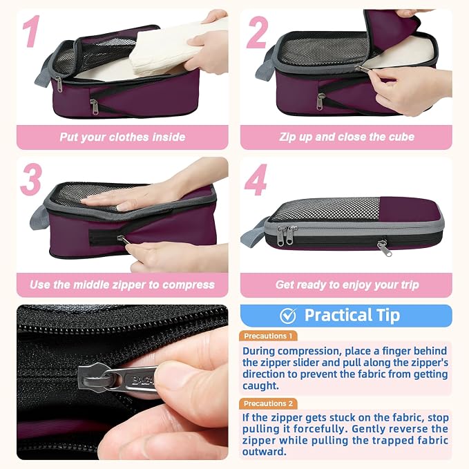 BAGAIL 4 Set/6 Set/8 Set Compression Packing Cubes Travel Accessories Expandable Packing Organizers (Half Mesh, 6-Burgundy) - Image 4