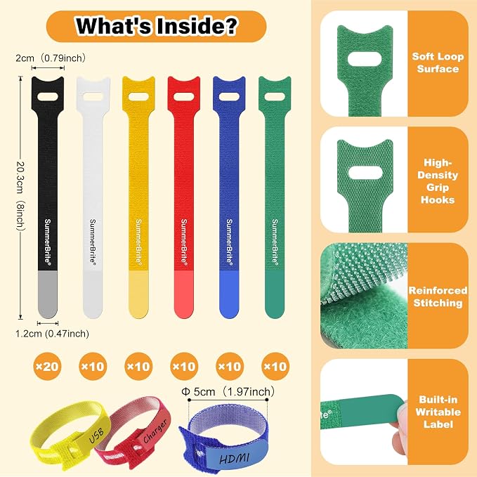 SummerBrite 70 Pack Multi-Color Cable Ties 8 Inch with Writable Labels, Reusable Cord Organizer Straps, Hook & Loop Wire Management for TV, Audio, Ethernet, Electronics & Heavy Duty Cords - Image 2