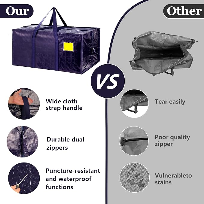 12 Pack Moving Bags with Full-Open Side Zipper, Extra Large 93L Heavy Duty Waterproof Foldable Storage Totes for College Dorm, Moving & Home OrganizationDarkBlue - Image 5