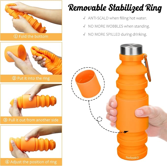 Nefeeko Collapsible Water Bottle, Reuseable BPA Free Silicone Water Bottles | Foldable Water Bottles for Travel Gym Camping Hiking, Portable Leak Proof Sports Water Bottle with Carabiner - Image 4