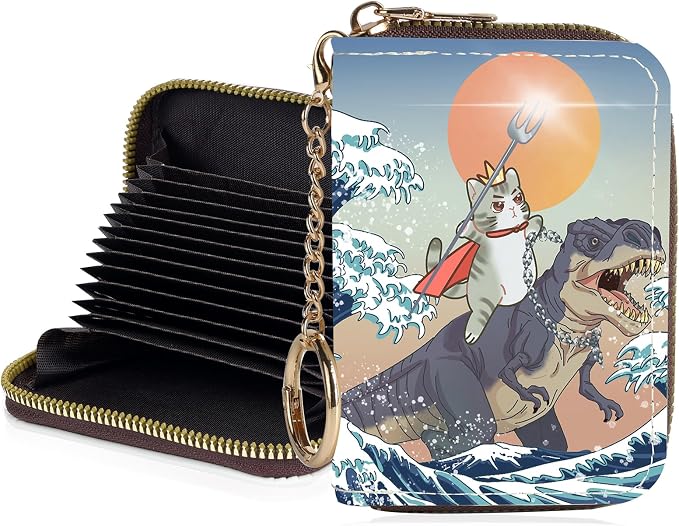 Credit Card Holder for Women,Small Rfid Wallet with Keychain Zipper,Cute PU Leather Card Case Wallet，Accordion Credit Card Wallets Gift,Cats and Dinosaurs by Unknown