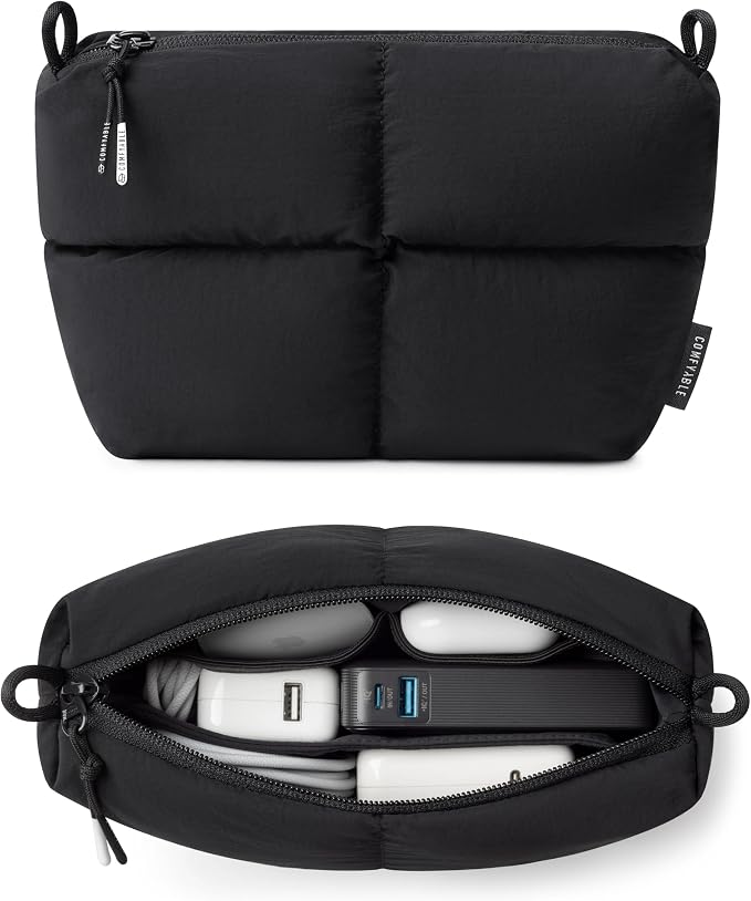 Comfyable Puffy Electronics Organizer Travel Case, Cute Tech Pouch for Women Men, Cable Storage Bag for Charger, Phone, Power Bank, Cord, Compact Tech Accessories Pouch, Black by Comfyable