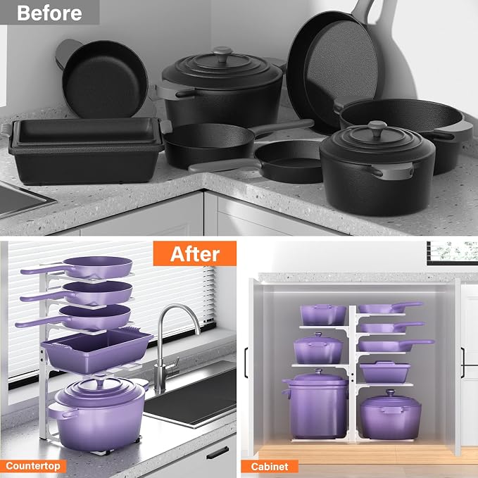 MUDEELA 8-Tier Heavy Duty Pots and Pans Organizer for Cabinet, 20.8"H White | Adjustable heavy-duty pot rack, Holds big stockpots and cookware, Fits under cabinet or on countertops, Easy Assembly - Image 7
