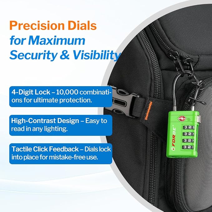 Forge TSA Approved Luggage Locks 4 Digit Combination TSA Travel Locks with TSA008, Open Alert Indicator, Zinc Alloy Body for Luggage, Suitcase, Backpack, and More. Green 2 Locks. - Image 5
