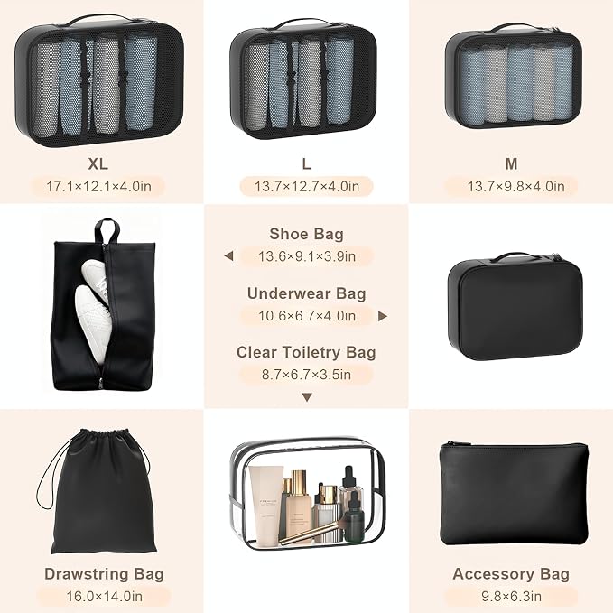 8 Set Packing Cubes for Travel with Clear Toiletry Bag, Durable Luggage Packing Organizers for Suitcase, Carry-On Accessories, TSA Approved See-Through Cubes, Space-Saving Storage Bags - Image 3