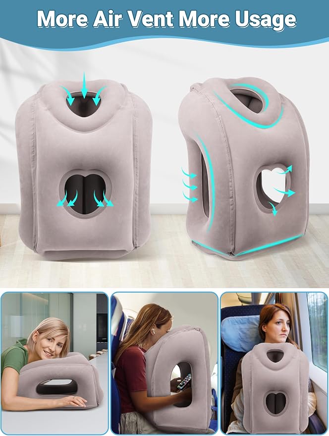 Maliton Inflatable Travel Pillow for Airplane Comfortable Sleeping, (Grey) | Relieve Neck & Shoulder Pain, Support Head Inflatable Pillow for Long Flights,Used for Airplanes, Cars, Trains, Office - Image 4