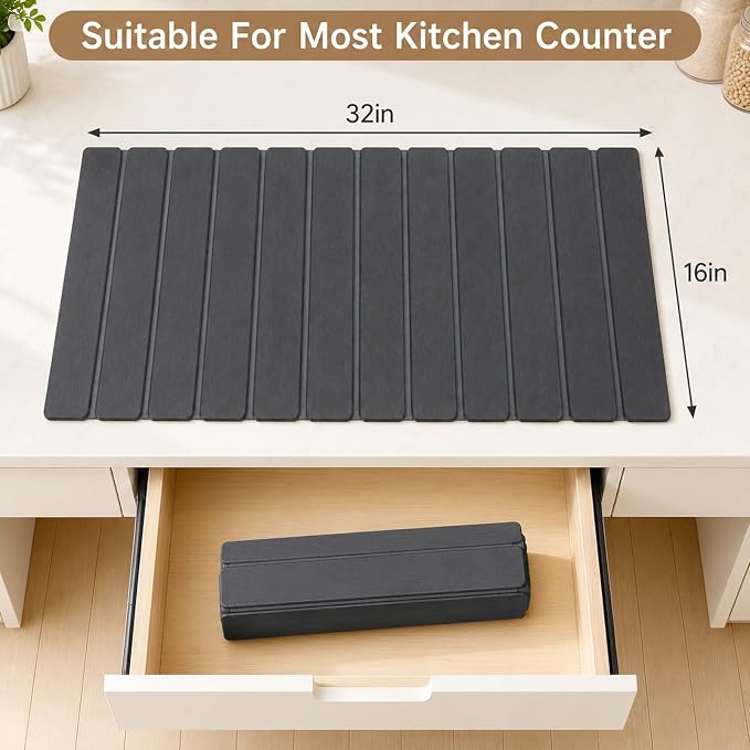 Extra Large Stone Dish Drying Mat for Kitchen Counter, Thin & Light Quick Dry Stone Dishes Mat, Foldable Water Absorbing Diatomite Drying Pad for Kitchen Bathroom Sink Countertop (Pure Gray 32"x16") - Image 5