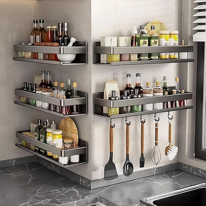Adhesive Wall Mount Spice Rack Carbon Steel, No-Drill Dark Gray Wall Spice Racks for Kitchen, Multi-Purpose Spice Storage Organizer, Kitchen Bathroom Storage Shelf for Countertop Cabinet - Image 4