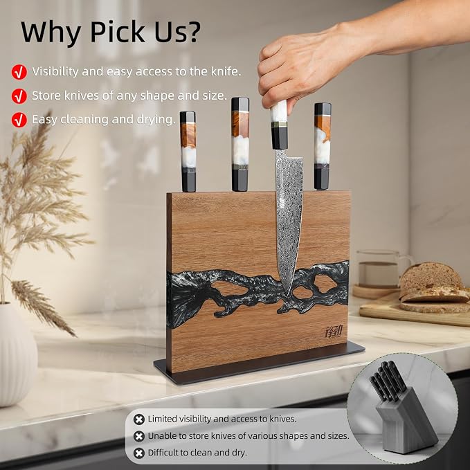 Magnetic Knife Block, Double-Sided Knife Holder with Strong Magnets, Acacia Wood and Black White Resin, Countertop Kitchen Knife Storage Stand (12 × 10 Inches, Without Knives) - Image 4