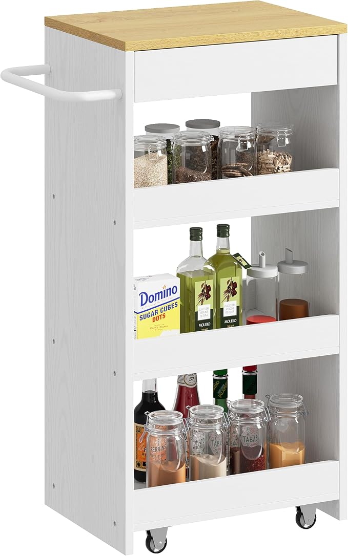 IRONCK Slim Storage Rolling Cart with Drawer and Handle, 11.8" W White | Wood Storage Cart on Wheels with Handle, 4 Tier Utility Cart Compact 11.8" Wide, Fits Kitchen Laundry Bathroom - Image 9