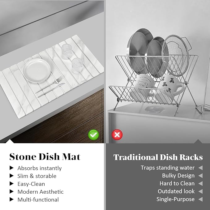 2 PCS Large Stone Dish Drying Mat for Kitchen Counter, 28"×16" Marble Dish Drying Mat with 8"x 4" Coasters, Non - Slip Collapsible Absorbent Mat for Multi - Purpose, Match Any Countertop【White】 - Image 6