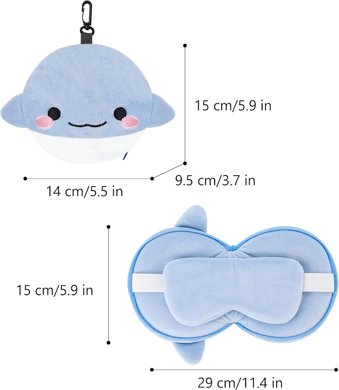 U Scinan Cute Animal 2-in-1 Travel Pillow and Eye Mask – Portable Neck Pillow with Adjustable Strap, Soft Plush Support for Airplane, Car, Train(Dolphin) - Image 4
