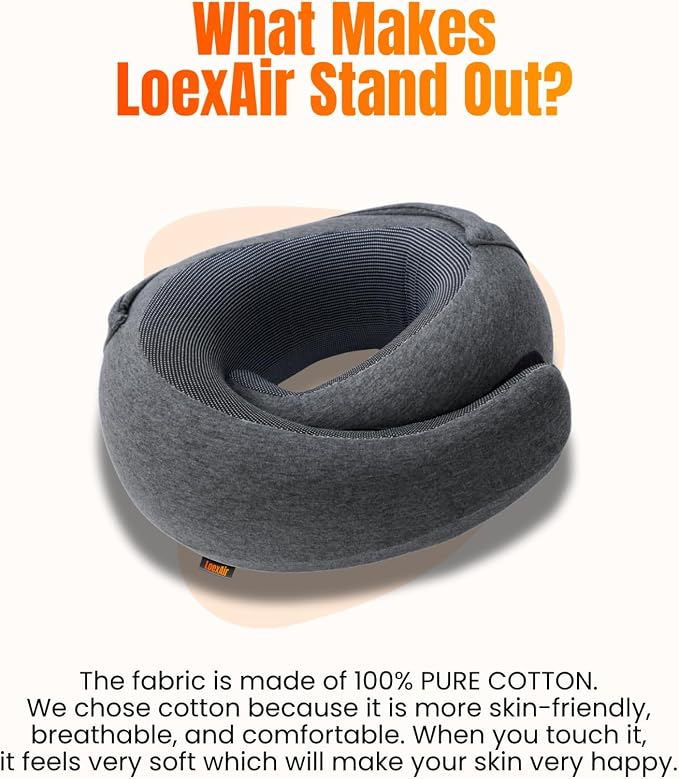 LOEXAIR™ Hooded Pro Travel Pillow - Memory Foam Neck Support Pillow for Airplane, Flight - Super-Soft Pure Cotton Fabric, Maximum Privacy & Light-Block Design, Lightweight Full Travel Kit - Dark Grey - Image 8