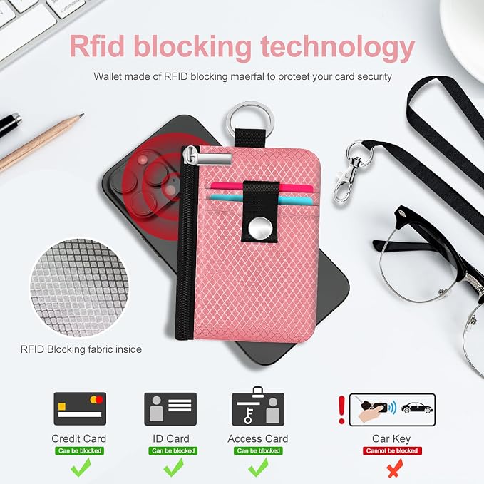 Minimalist RFID Blocking Small Wallet with ID Window,WaterResistant Zip Id Case Wallet with Lanyard Keychain for Cards,Cash,Travel,Women,Men (Pink) - Image 4