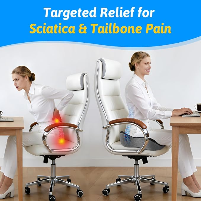 Seat Cushion for Tailbone & Sciatica Pain Relief | Certified & Ergonomist-Designed,Tapered Front Edge Reduces Thigh Pressure,Wide Memory Foam for Office Chair, Car, Wheelchair - Image 3