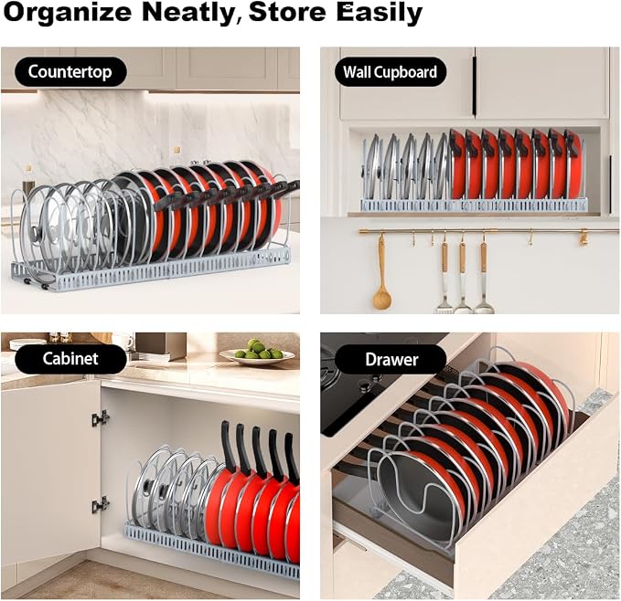 Housolution Pot and Pan Lid Organizer Holder Storage Rack, Grey | 12"-23" Expandable, 14 Adjustable Dividers, Sturdy Metal Construction, Easy Assembly - Image 6