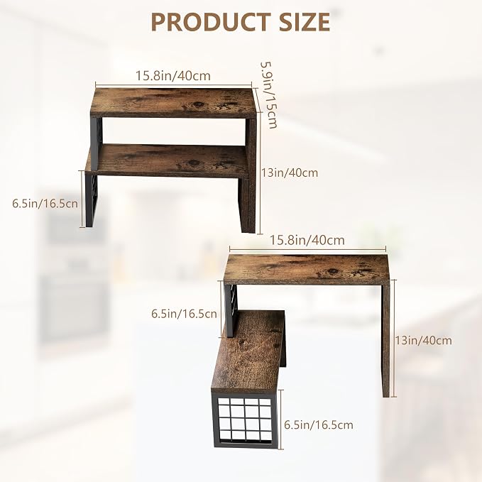 Kitchen Countertop Organizer, 2 Tier Corner Counter Shelf, Rustic Brown | Stackable, Expandable, Adjustable Cabinet Organizer Shelf, Spice Rack, for Kitchen, Coffee Station, Rustic Wood Grain - Image 3