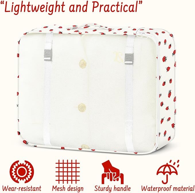 9 Set Packing Cubes for Travel Essentials - Lightweight Carry-On Luggage Organizer Bags with Shoe, Clothes & Laundry Bags for Airplane, Family & Business Travel, Beige strawberry - Image 4