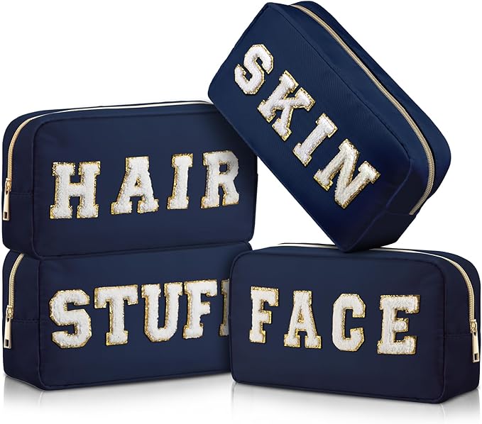 Preppy Makeup Bags Chenille Letter Stuff Bag Nylon Cosmetic Pouch Cases with Zipper for Women Travel Toiletry(Dark Blue,Classic,4 Pcs) by Cunno