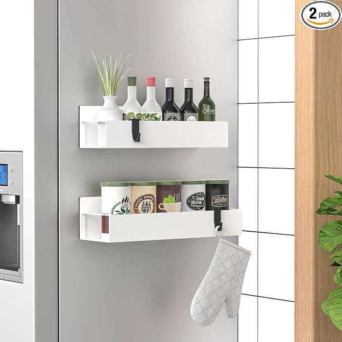 HuggieGems 2 Pack Magnetic Spice Storage Rack Organizer for Refrigerator and Oven, White Fridge Organizers and Storage | Magnetic Shelves Heavy Duty for Fridge in Kitchen, Seasoning Storage Organizer, For Oven Washer and Dryer, For Heavier Items by HuggieGems