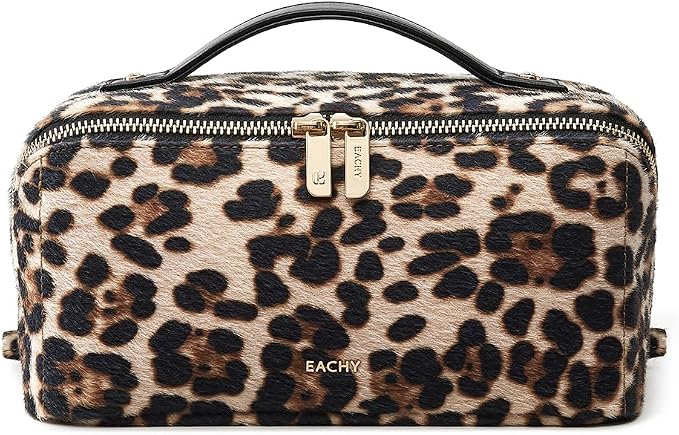 EACHY Travel Makeup Bag for Women, Flat Open Leopard Print Cosmetic Bag | Leopard-print PU leather cosmetic bag opens flat with dividers and clear TPU brush pocket for makeup and travel essentials by EACHY