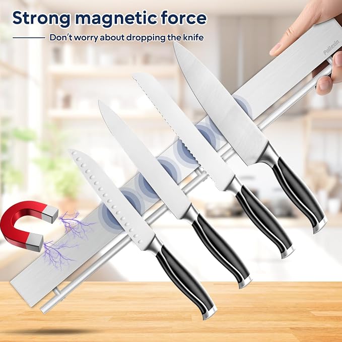 20 inch magnetic knife holder with 10 hooks, no drilling knife magnetic strip, and utensil hanger for wall. Powerful knife magnet rack includes tape and screw - Image 4