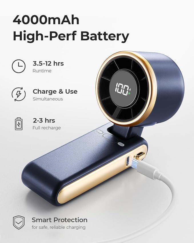 Portable Handheld Turbo Fan - 5 Gear High Speed 4000mAh Rechargeable Mini Personal Hand Fan Blow Cold Air, Battery Operated Travel Essentials, Beach Vacation, Gifts for Women, Men (Navy Blue) - Image 5