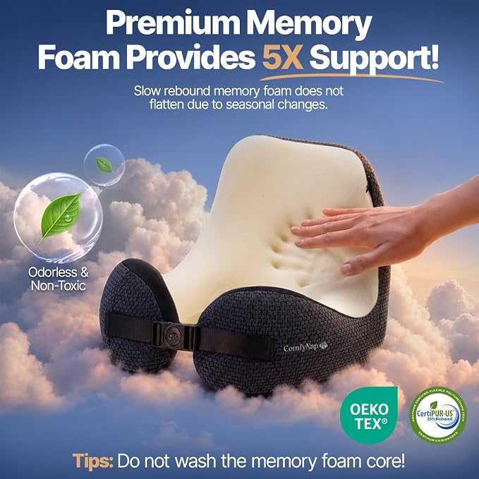 ComfyNap® Versatile Travel Neck Pillow for Airplane [Patented], 9 Positions in 3 Techniques, Plane Pillow with Pure Memory Foam, Travel Pillow with HeadRest Flight Sleep, Travel Essential - Mercury - Image 4