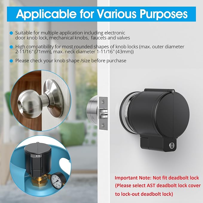 AST Adjustable Door Knob Cover with High Security Cylinder and 3 Brass Keys | Childproof Door Knob Cover with Lock, Lockout to Doorknob. Safety Cover for Faucet, Valve, Spigot. Prevent Access to Keyhole - Image 2