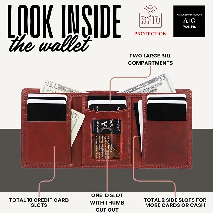 AG Wallets RFID Blocking Wallet for Men - Trifold Minimalist Slim Wallet with 10 Credit Card Slots & 3 Side Slots - 100% Genuine Leather Travel Wallet - Secure Compact Wallet - Burgundy - Image 2