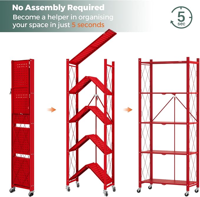 DEANIC 5-Shelf Folding Bookcase with Wheels, Heavy Duty Storage Shelves, Freestanding Metal Wire Shelving Unit for Living Room, Office, Kitchen, Basement, Pantry(Red) - Image 4