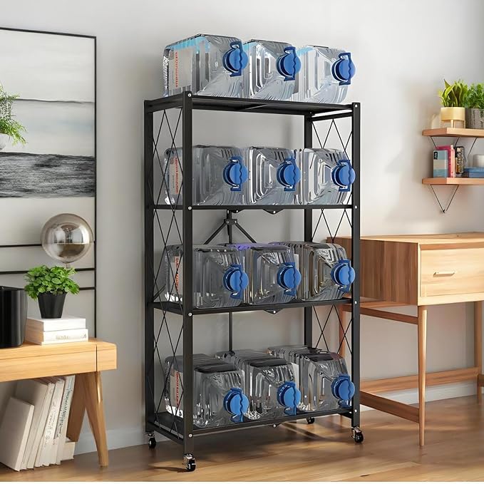 Kitchen Garage Metal Shelves, Storage Shelves Organizer, Foldable Metal Shelving, Closet Shelving Unit, 28" W x 14" D x 50" H Bakers Rack Microwave Stand, Plant Stand with Wheels (4-Tier Shelf) - Image 3