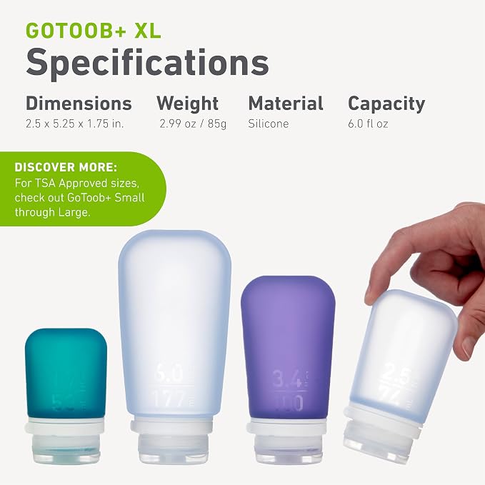 humangear GoToob+ (XL) | Refillable Silicone Travel Bottle | Locking Lid | Food-Safe Material | Clear, XL (6 fl.oz.; 177ml) | Refillable & Leak-Proof Silicone Travel Size Bottles with Locking Cap for Toiletries, Camping & TSA Carry-On - Image 5