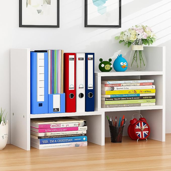 Desktop Shelf Organizer, Adjustable Wood Office Storage Rack, Counter Display Small Bookshelf for Home/Office/School(White) - Image 6