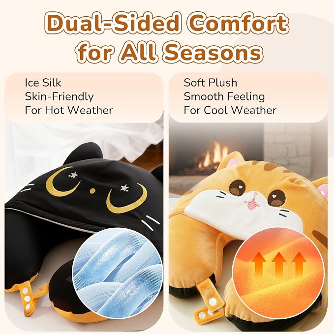 Mewaii Kids Travel Neck Pillow, Airplane Pillow with Hood, Orange | Memory Foam, Neck Support, Reversible, Adjustable Strap, Washable Cover, Cat Ear Hood, for Flights, Cars, Kids & Teens - Image 4