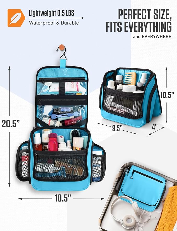 VENTURE 4TH Hanging Travel Toiletry Bag 18 Compartments - Tiffany Blue | Hangs on rails, hooks or doors; stands upright. Removable TSA pouch. Water-resistant Nylon 290D Twill, reinforced stitching. - Image 2