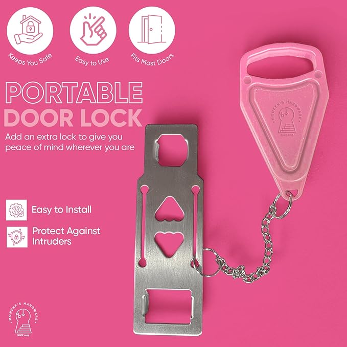 Portable Door Lock Extra Security Essential Safety & Privacy Travel Lockdown, Prevent Entry Stopper, Protect Family While Traveling Home Bedroom Hotel Apartment College (1 Pink) - Image 2