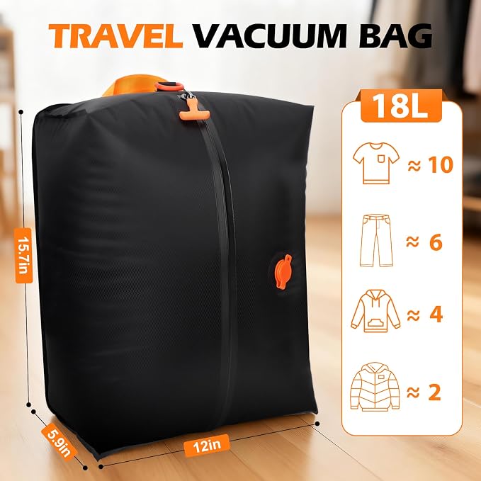Fantictas Vacuum Compression Bags for Travel with Wireless Pump, 2 Pack 18L | Waterproof, Tear-Resistant and Reusable Travel Compression Bags for luggage & Backpacks, Space Saving Vacuum Storage Bags - Image 3