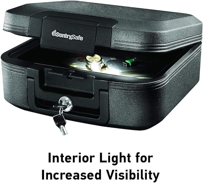 SentrySafe Fireproof and Waterproof Chest Box with Key Lock, Black Travel Safe with Interior Lighting and Carrying Handle, 0.28 Cubic Feet, 6.6 x 15.4 x 14.3 Inches, CHW20205 - Image 3
