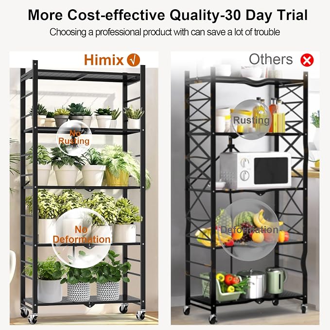 Himix 5-Tier Foldable Storage Shelves with 20 Hooks Wheels Kitchen Black | Folding shelving units, Metal collapsible organization, Wire rack, No assembly, Bookshelf, Garage, Pantry, Holds 440 Ibs - Image 7