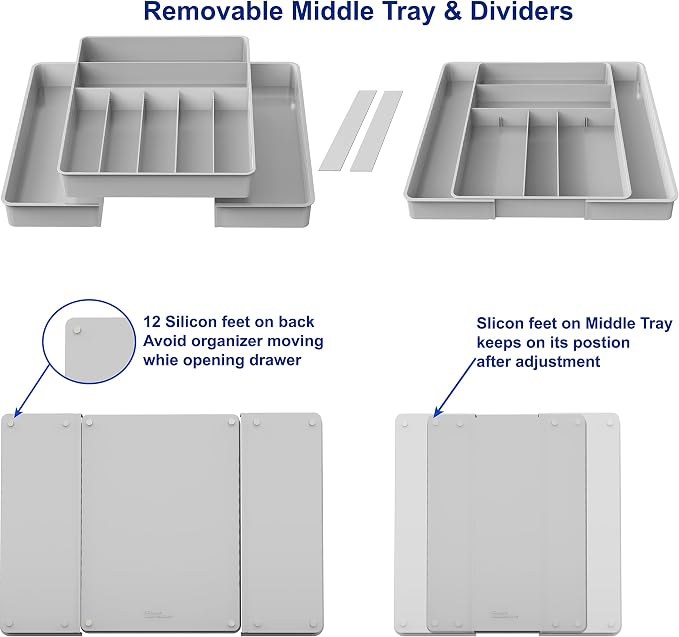 Simple Houseware Expandable Kitchen Drawer Flatware Organizer, Gray | Expandable Kitchen Drawer Flatware Organizer, Gray – Adjustable Cutlery Tray with 9 Compartments for Utensils and Silverware - Image 4