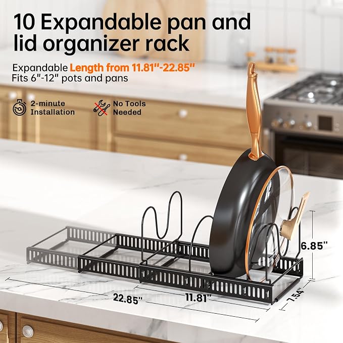 MUDEELA Expandable Pot Pan Lid Organizers inside Cabinet, 10 Divider-Black | Expandable 11.8–22.9", 10 Adjustable Divider, Tool-Free Assembly, Non-Slip, Scratch-Proof, For Pan Lid Cutting Board Bakeware - Image 2